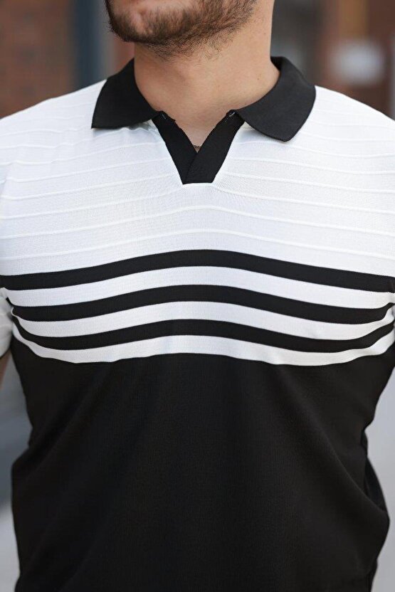 Erkek çizgi Desenli Yakalı Kısa Kollu T-shirt