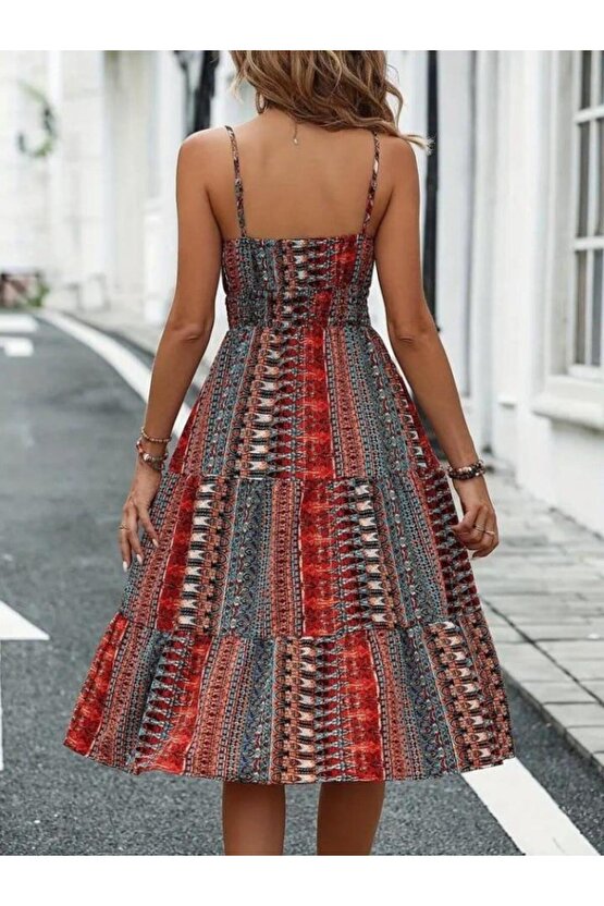 Kadın Ip Askılı V Yakalı Bağcıklı Beli Lastikli Desenli Süprem Elbise