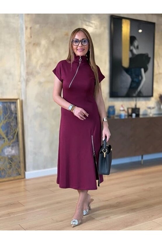 Kadın Kısa Kollu Yakadan Ve Etekten Fermuarlı Midi Viskon Iki Iplik Elbise