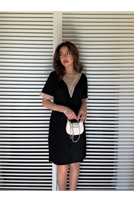 Kadın V Yaka Güpürlü İki İplik Elbise
