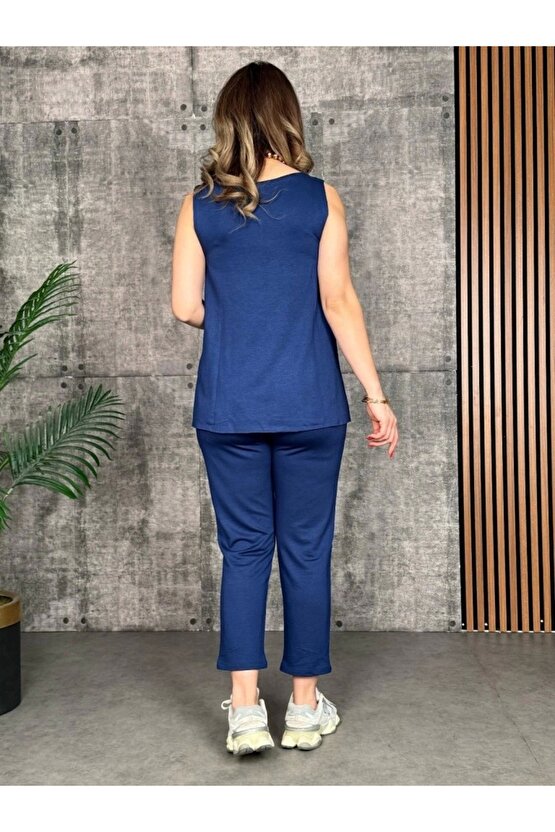 Kadın Askılı Yuvarlak Yaka Viskon Iki Iplik Bluz Ve Eşofman Altı Ikili Takım