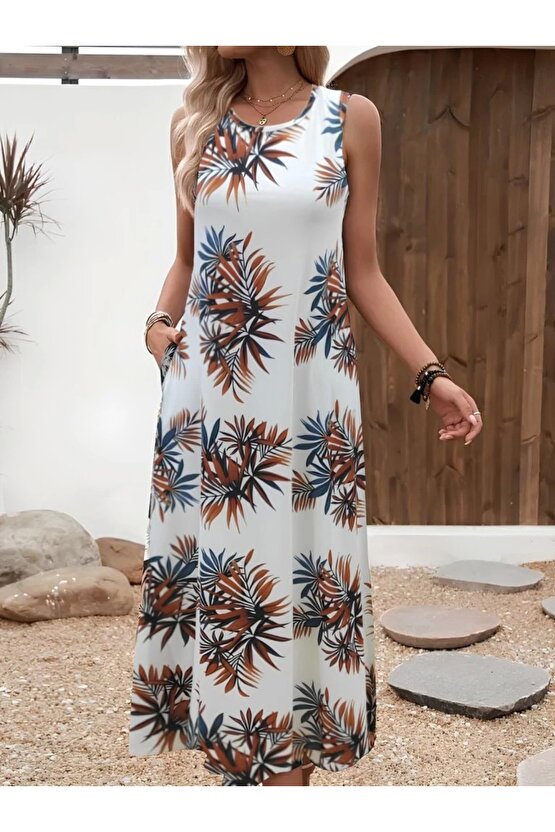 Kadın Askılı Yuvarlak Yaka Cepli Desenli Süprem Elbise