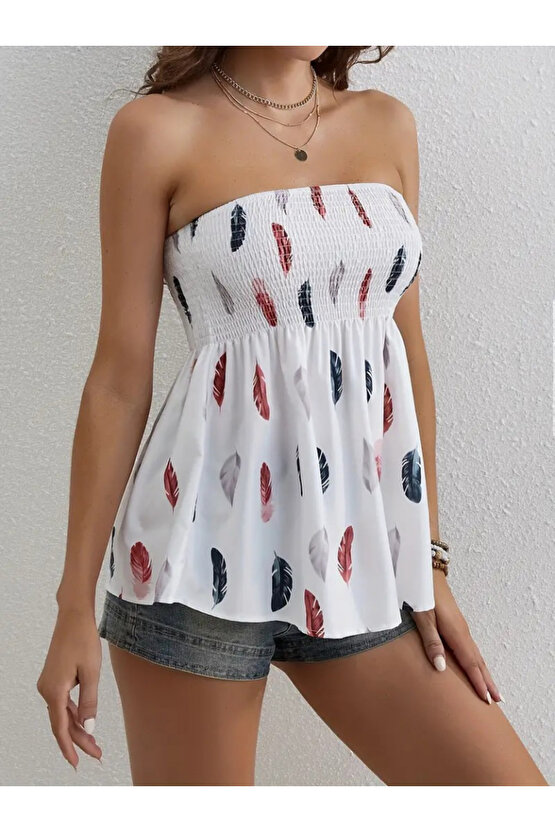 Kadın Yaprak Desenli Göğsü Gipeli Mosskrep Straplez Bluz