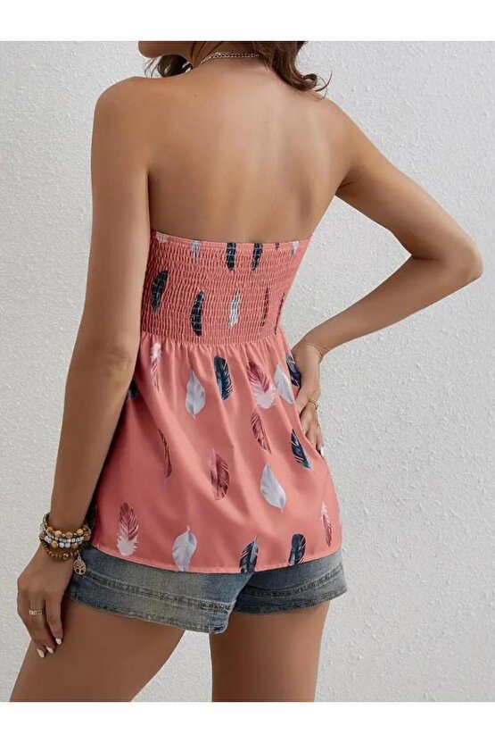 Kadın Yaprak Desenli Göğsü Gipeli Mosskrep Straplez Bluz