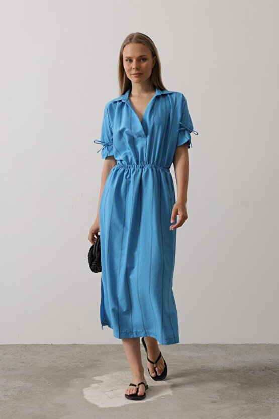 munn collection Beli Lastikli Elbise - Mavi