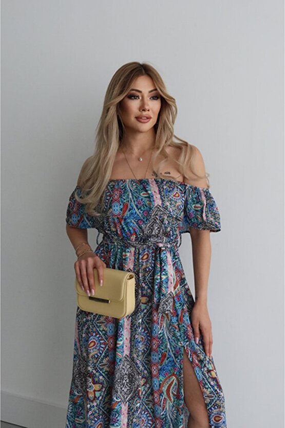 MODAVERA Kadın Kısa Kollu Madonna Yaka Fırfırlı Belden Yırtmaçlı Maksi Süprem Elbise