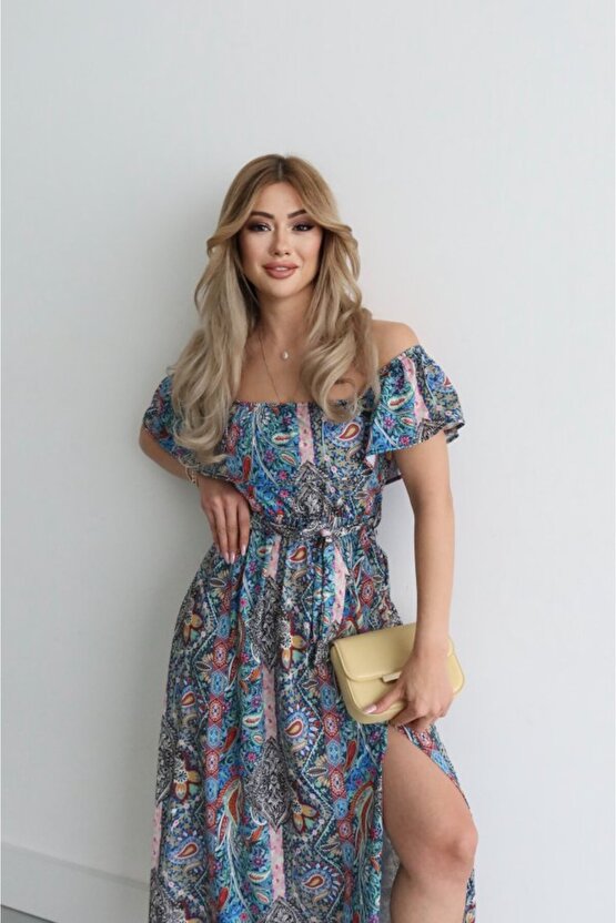 MODAVERA Kadın Kısa Kollu Madonna Yaka Fırfırlı Belden Yırtmaçlı Maksi Süprem Elbise