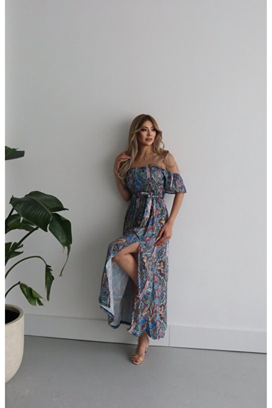 MODAVERA Kadın Kısa Kollu Madonna Yaka Fırfırlı Belden Yırtmaçlı Maksi Süprem Elbise