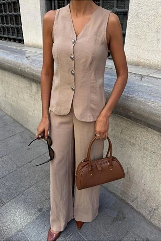 Arkası Bağcıklı Yelek Plazza Pantolon Modal Takım 10202-08