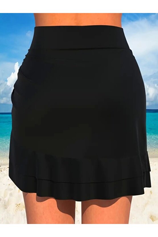 Kadın Yüksek Bel Yandan Büzgülü Fırfırlı Kısa Sandy Etek