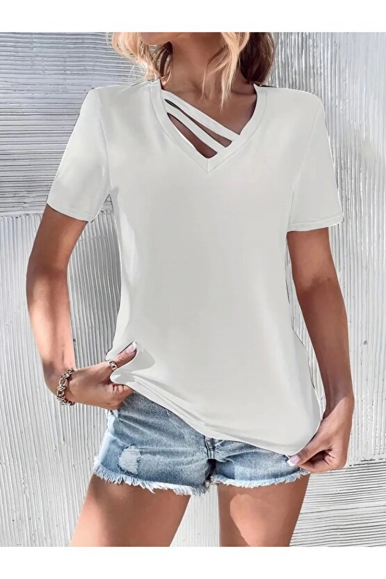 Kadın Kısa Kollu V Yaka şerit Detay Viskon Bluz