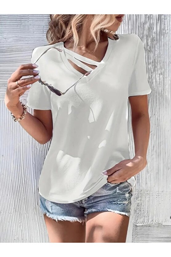 Kadın Kısa Kollu V Yaka şerit Detay Viskon Bluz