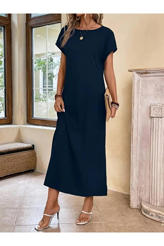 Kadın Uzun Kollu Yakası Açık Viskon Elbise