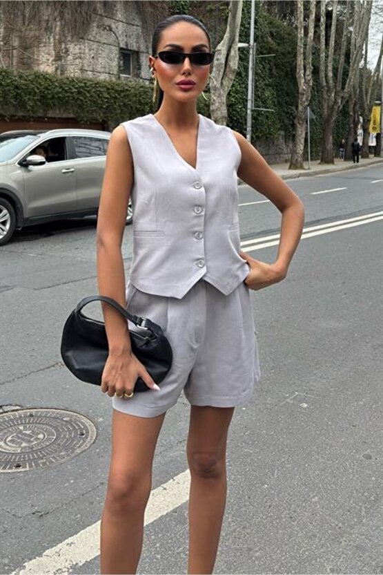 Gökyüzü Moda Yelek Şort Flamlı Keten Takım 10133-17