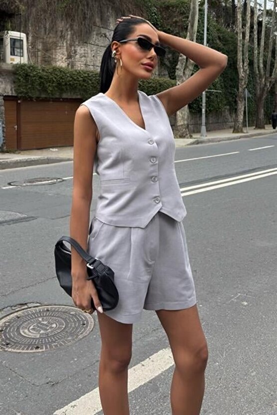 Gökyüzü Moda Yelek Şort Flamlı Keten Takım 10133-17