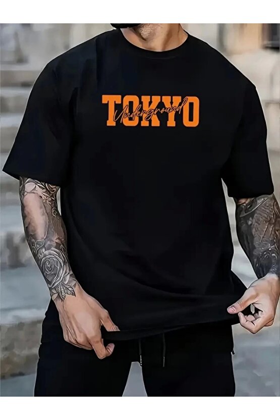 Baskılı Oversize Bisiklet Yaka T-shirt - Siyah