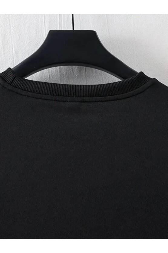 Baskılı Oversize Bisiklet Yaka T-shirt - Siyah