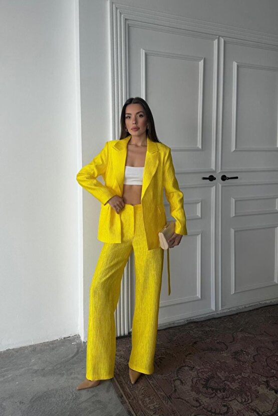 munn collection Neon Beli Kuşaklı Ceket Ve Pantolon Parlak Takım