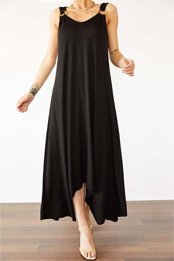 Kadın çan Dokuma Kumaş V Yaka Asimetrik Kesim Elbise