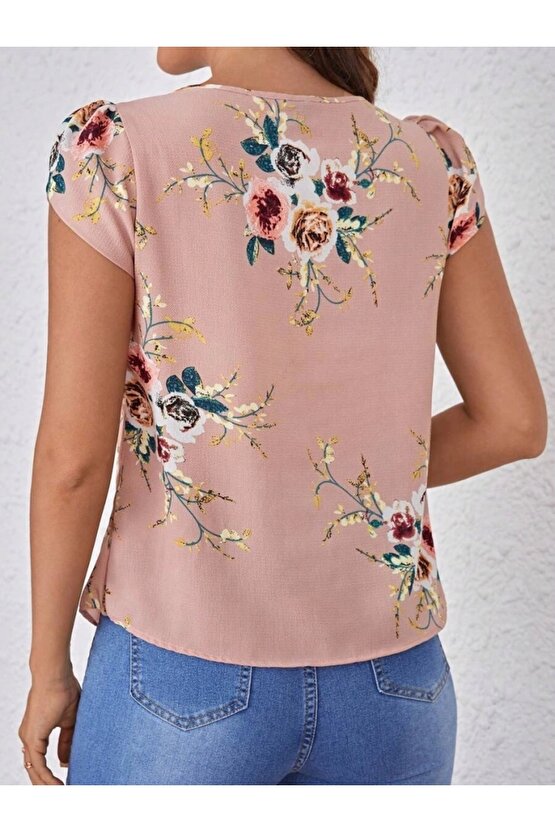 Kadın Kısa Kollu Bisiklet Yaka çiçek Baskılı Süprem Bluz