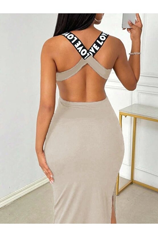 Kadın Yuvarlak Yaka Sırttan çapraz şerit Love Detaylı Yırtmaçlı Viskon Elbise