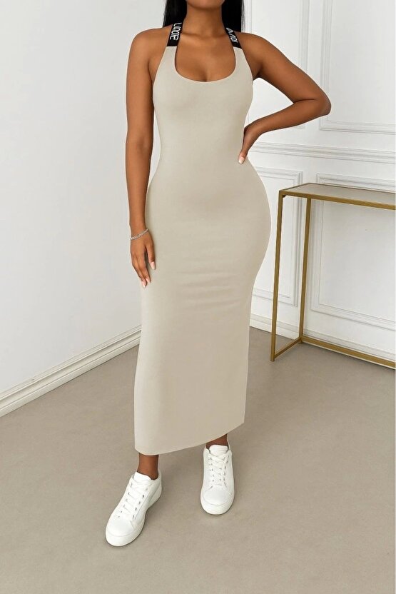 Kadın Yuvarlak Yaka Sırttan çapraz şerit Love Detaylı Yırtmaçlı Viskon Elbise