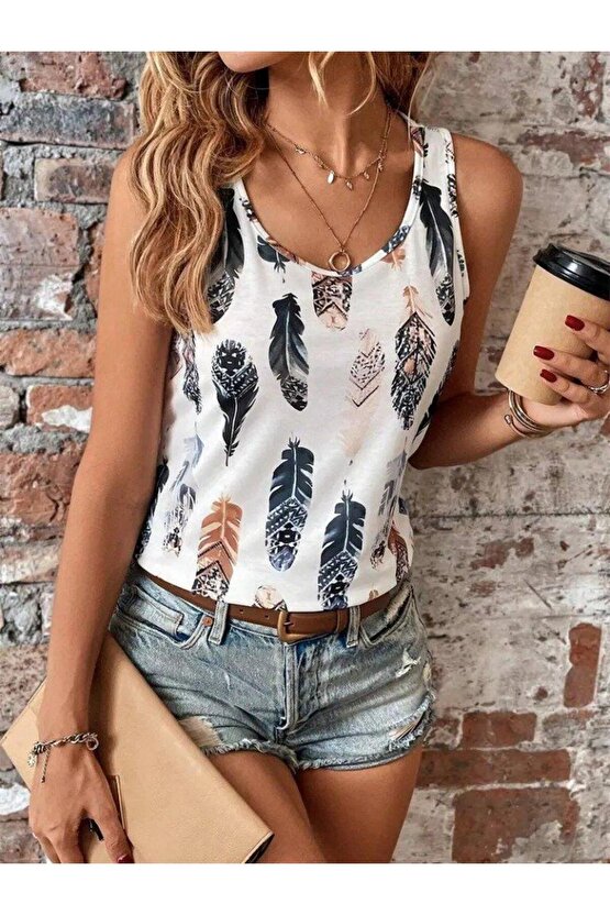 Kadın Sıfır Kollu V Yakalı Yaprak Desenli Süprem Bluz