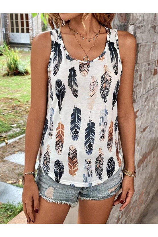 Kadın Sıfır Kollu V Yakalı Yaprak Desenli Süprem Bluz