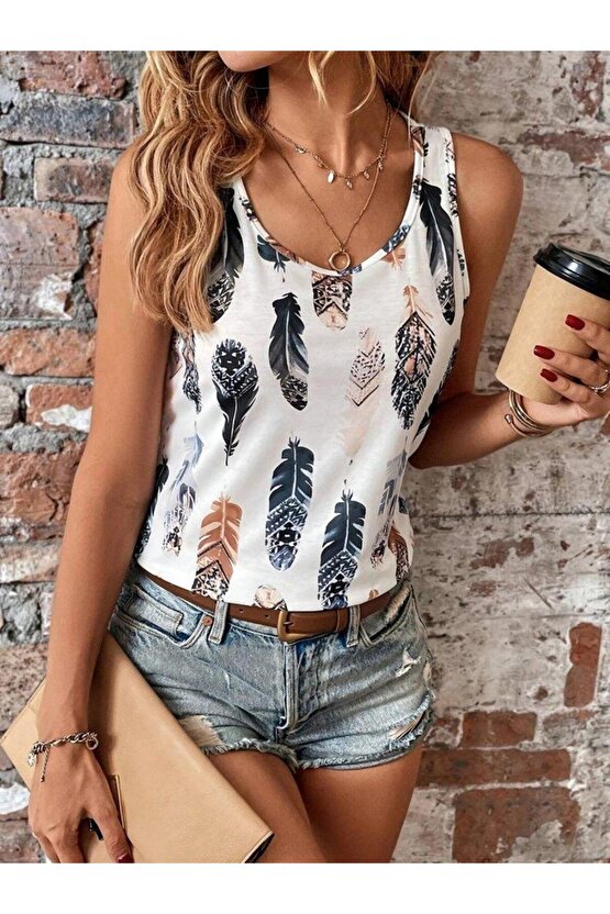 Kadın Sıfır Kollu V Yakalı Yaprak Desenli Süprem Bluz