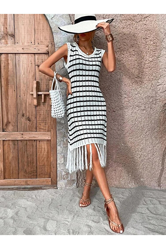 MDB Kadın Kolsuz V Yaka Eteği Püsküllü çizgi Desen Triko Elbise