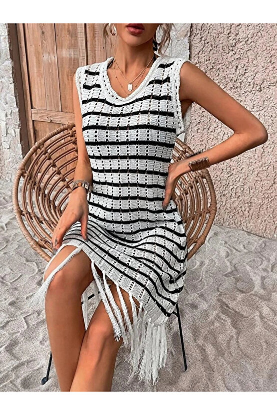 MDB Kadın Kolsuz V Yaka Eteği Püsküllü çizgi Desen Triko Elbise