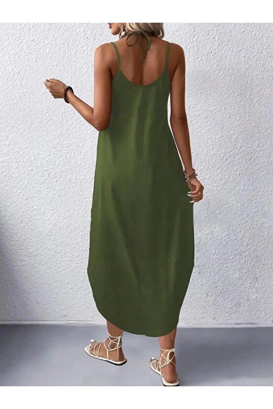 Kadın Askılı V Yakalı Uzun Viskon Elbise