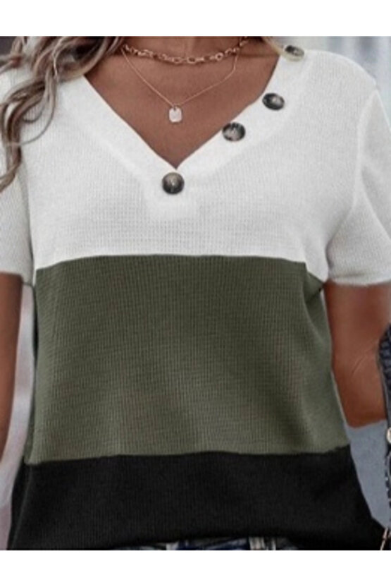 Kadın Kısa Kollu V Yakalı Düğmeli Waffle Bluz