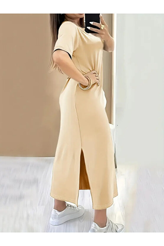 Kadın Kısa Kollu Bisiklet Yaka Yandan Yırtmaçlı Viskon Elbise