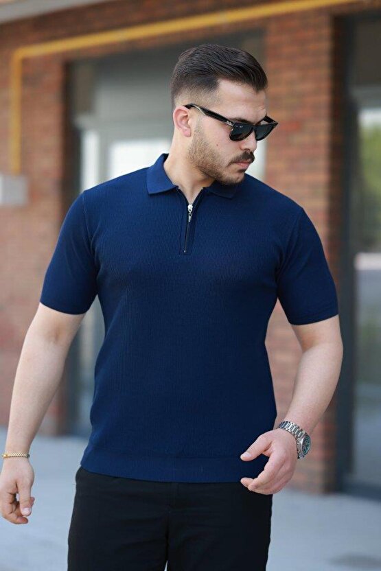 Erkek Fermuarlı Yakalı Kısa Kollu Tshirt