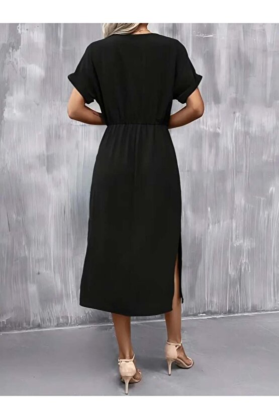 Kadın Kısa Kollu Yakası Açık Belden Bağlamalı Yırtmaçlı Viskon Elbise