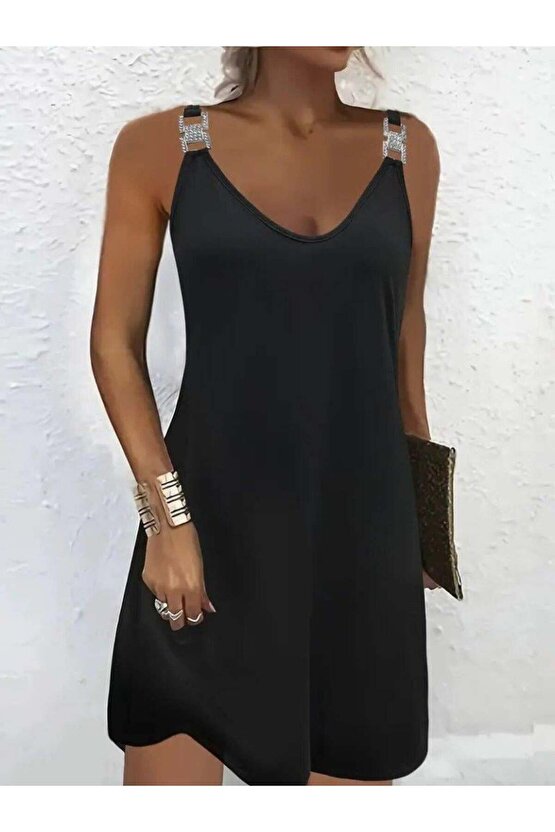 Kadın Askılı V Yakalı Toka Detaylı Janjan Krep Elbise