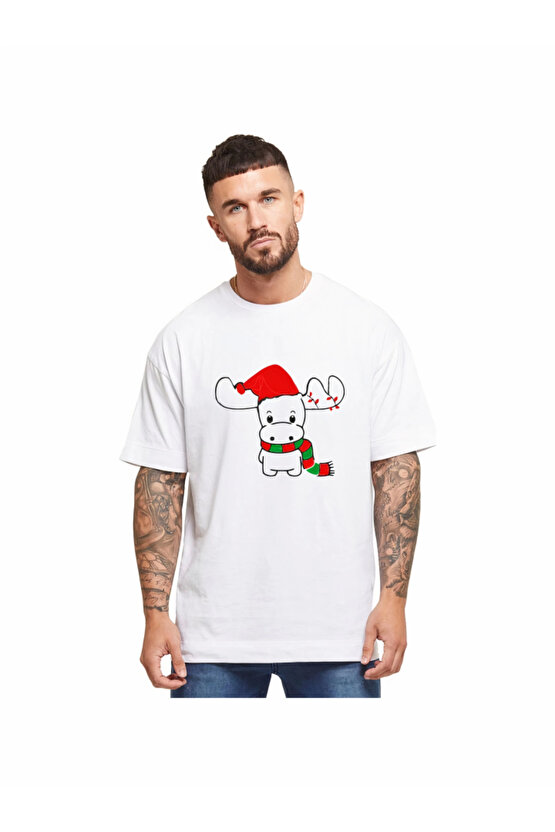 Ren Geyiği Baskılı Noel İçin T-shirt - Beyaz