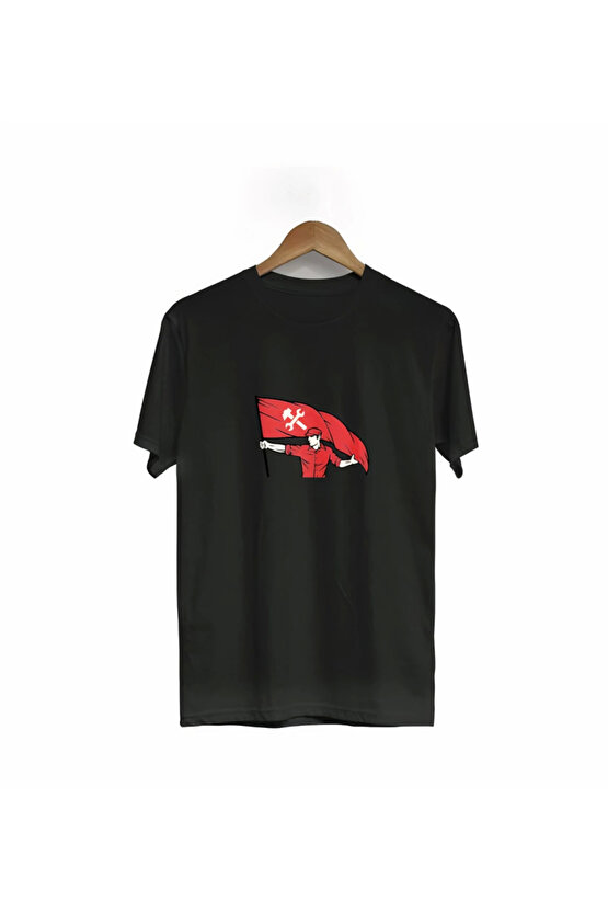 1 Mayıs Emekçilerimiz İçin Özel Tasarım Bayraklı Emekçi Baskılı T-shirt - Siyah