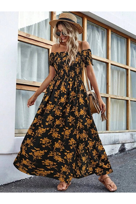 MDB Kadın Kısa Kollu Madonna Yaka Yırtmaçlı çiçek Desenli Süprem Elbise