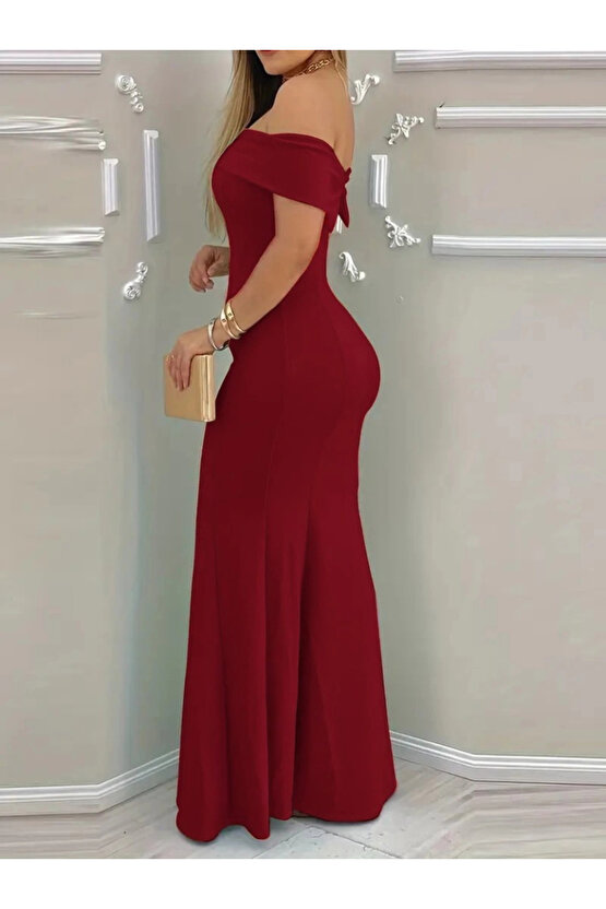 MDB Kadın Kısa Kollu Madonna Yaka Belden Oturtmalı Uzun Ithal Krep Elbise