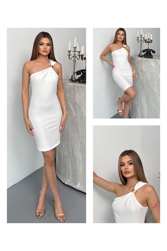 Kadın Ottoman Kumaş Tek Omuz Askılı Toka Detaylı Mini Boy Elbise