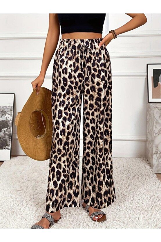 Kadın Yüksek Bel Beli Lastikli Bağcıklı Leopar Desenli Süprem Pantolon