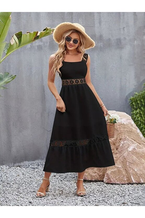 munn collection Kadın Askılı Dantel Detaylı Kiloş Janjan Krep Elbise