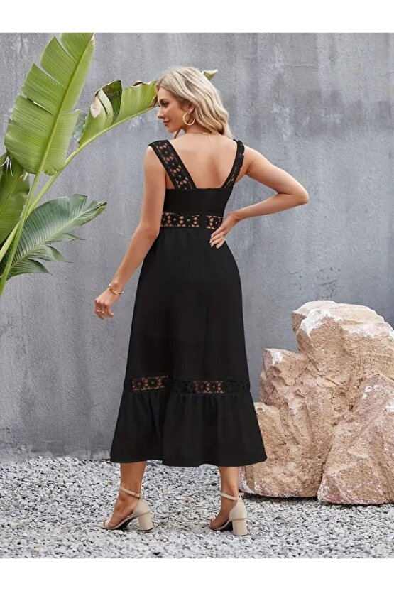 munn collection Kadın Askılı Dantel Detaylı Kiloş Janjan Krep Elbise