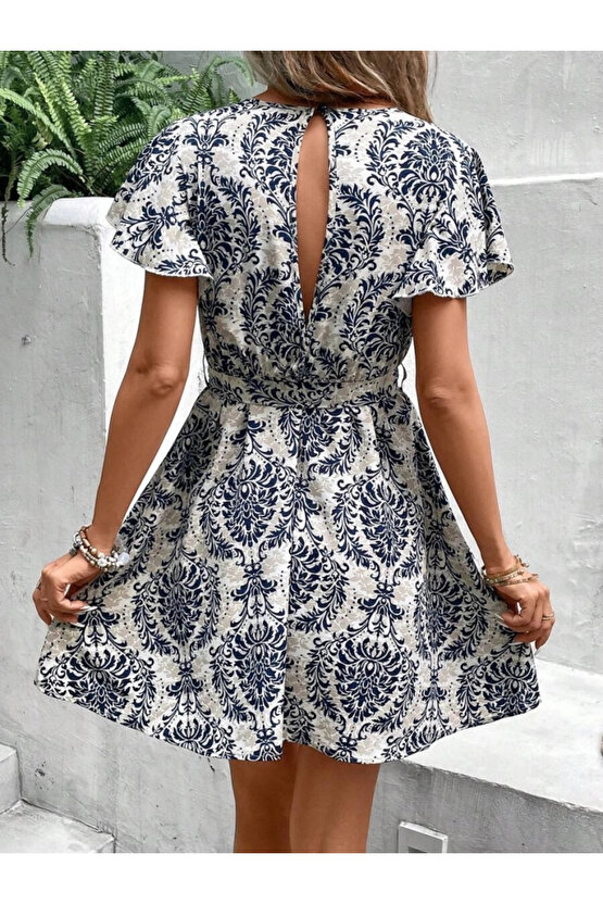 MDB Kadın Kısa Kollu V Yakalı Beli Kuşaklı Desenli Sofya Elbise