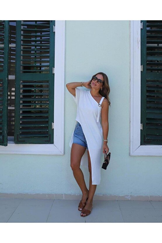 Kadın Tek Omuzu Açık Askılı Asimetrik Kesim Detaylı Bluz