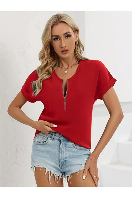 Kadın Kısa Kollu V Yaka Fermuarlı Salaş Sandy Bluz