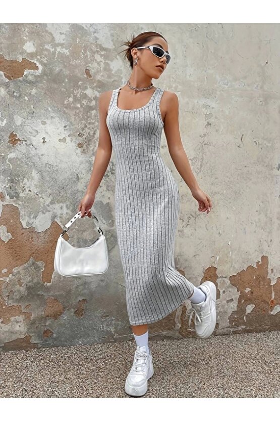 Kadın Kalın Askılı Kare Yaka Fitilli Kaşkorse Midi Boy Elbise