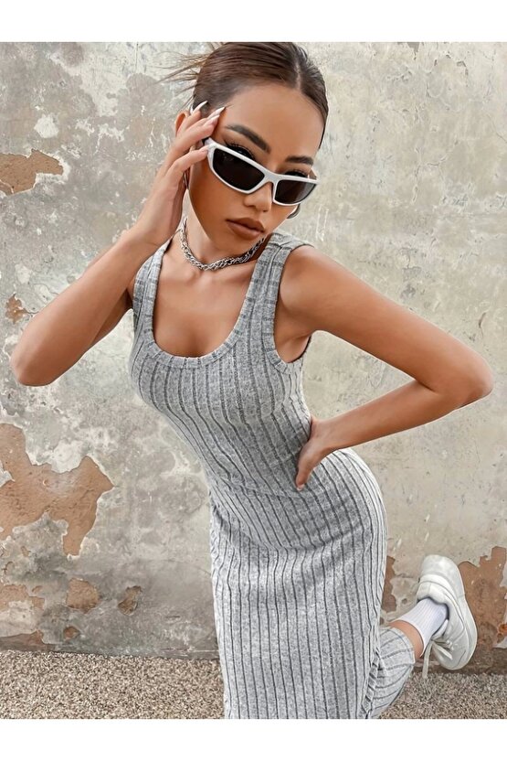 Kadın Kalın Askılı Kare Yaka Fitilli Kaşkorse Midi Boy Elbise